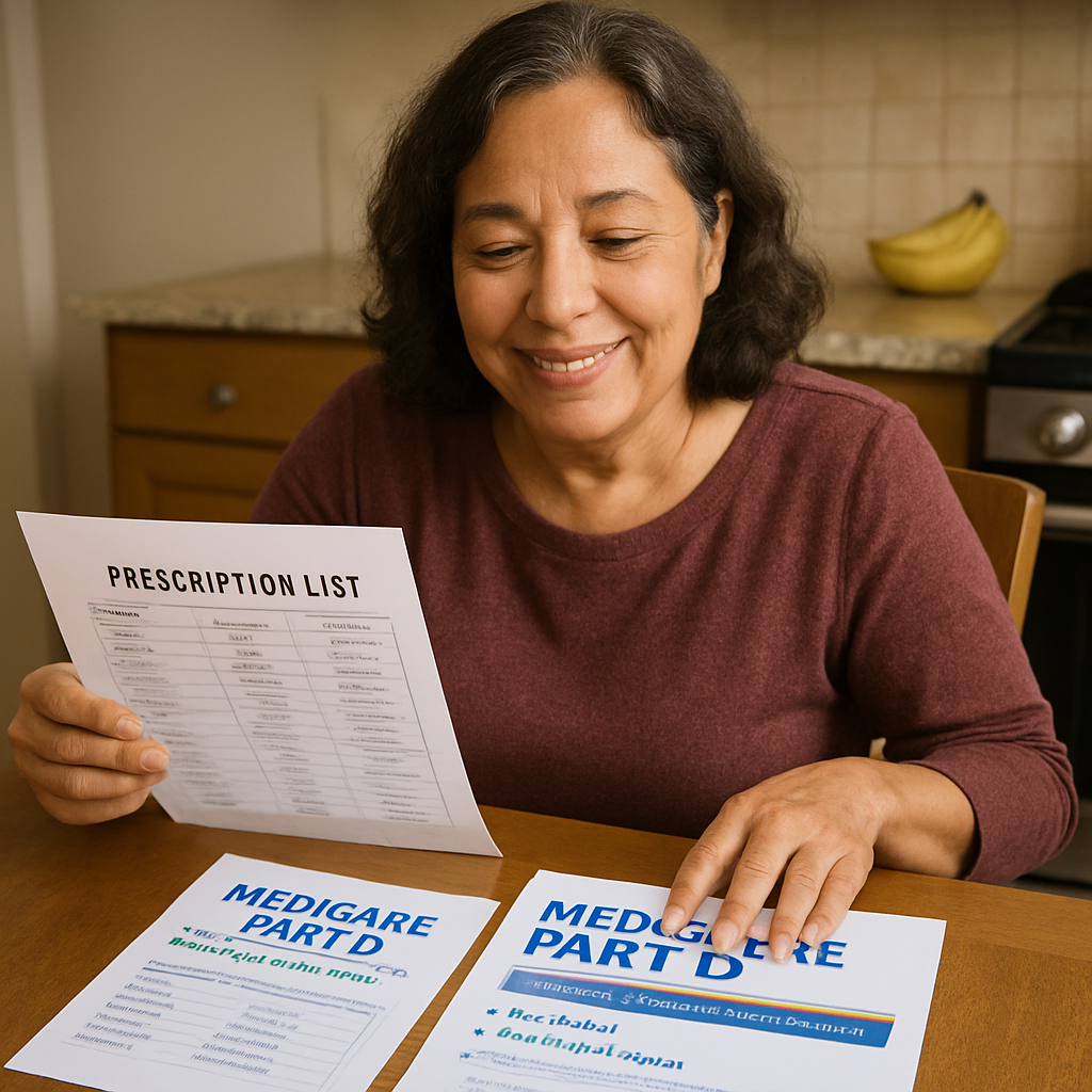 A friendly person reviewing their prescription list alongside Medicare Part D brochures, relaxed setting like a kitchen table. Alt: How to choose Medicare Part D prescription plan by comparing drug lists and coverage rules.