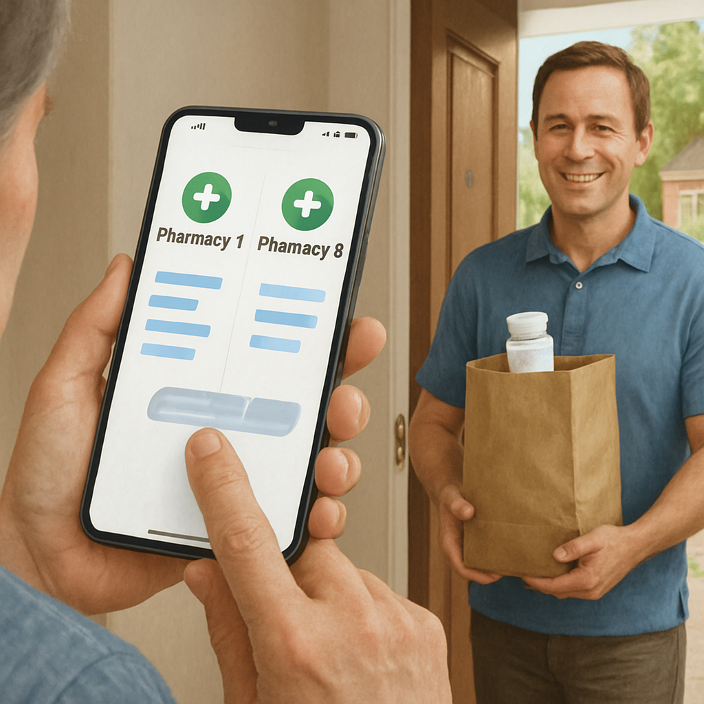 Illustration showing a person comparing pharmacies on their phone and receiving prescription delivery at home. Alt: How to choose Medicare Part D prescription plan—considering pharmacy networks and convenient access for medication fulfillment.