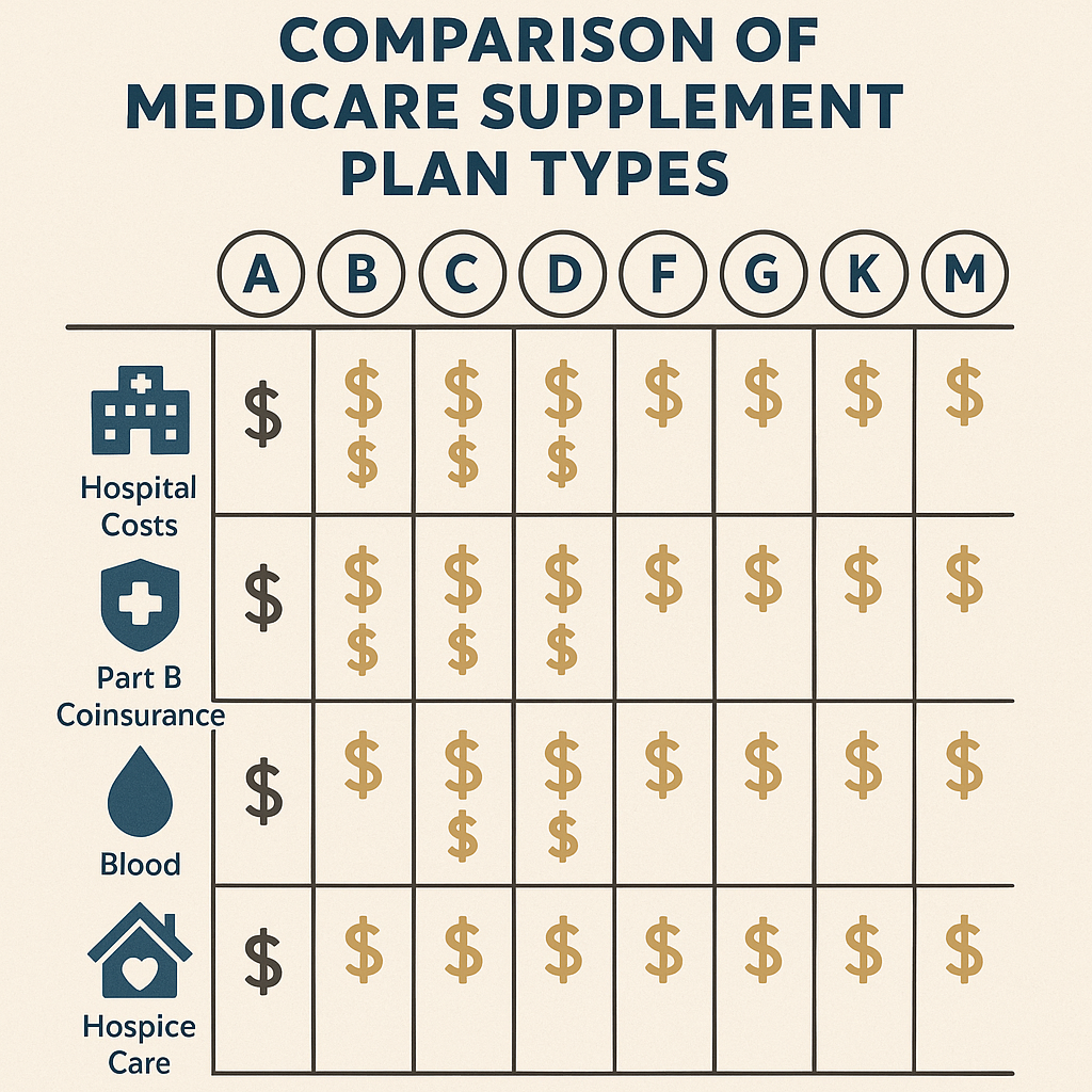 Stylized infographic comparing Medicare supplement plan types with icons and pricing tiers. Alt: Comparison of Medicare supplement plan types and coverage