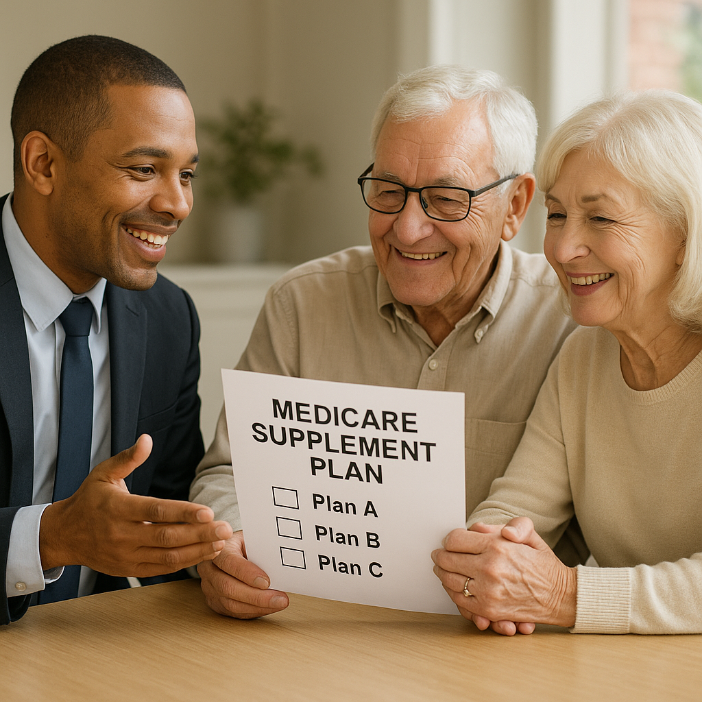 Happy senior couple reviewing Medicare supplement plan options with a licensed agent. Alt: Choosing the best Medicare supplement plan for financial security after 65