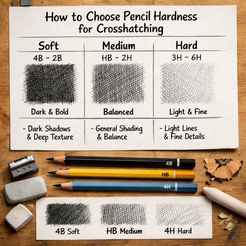 A photorealistic image related to how-to-choose-pencil-hardness-for-crosshatching. Alt: how-to-choose-pencil-hardness-for-crosshatching