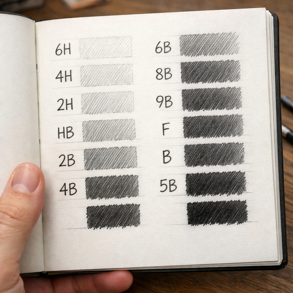 A realistic close‑up of a hand holding a sketchbook open with a grid of pencil strokes ranging from light to dark, annotated with grade labels. Alt: pencil hardness reference sheet example