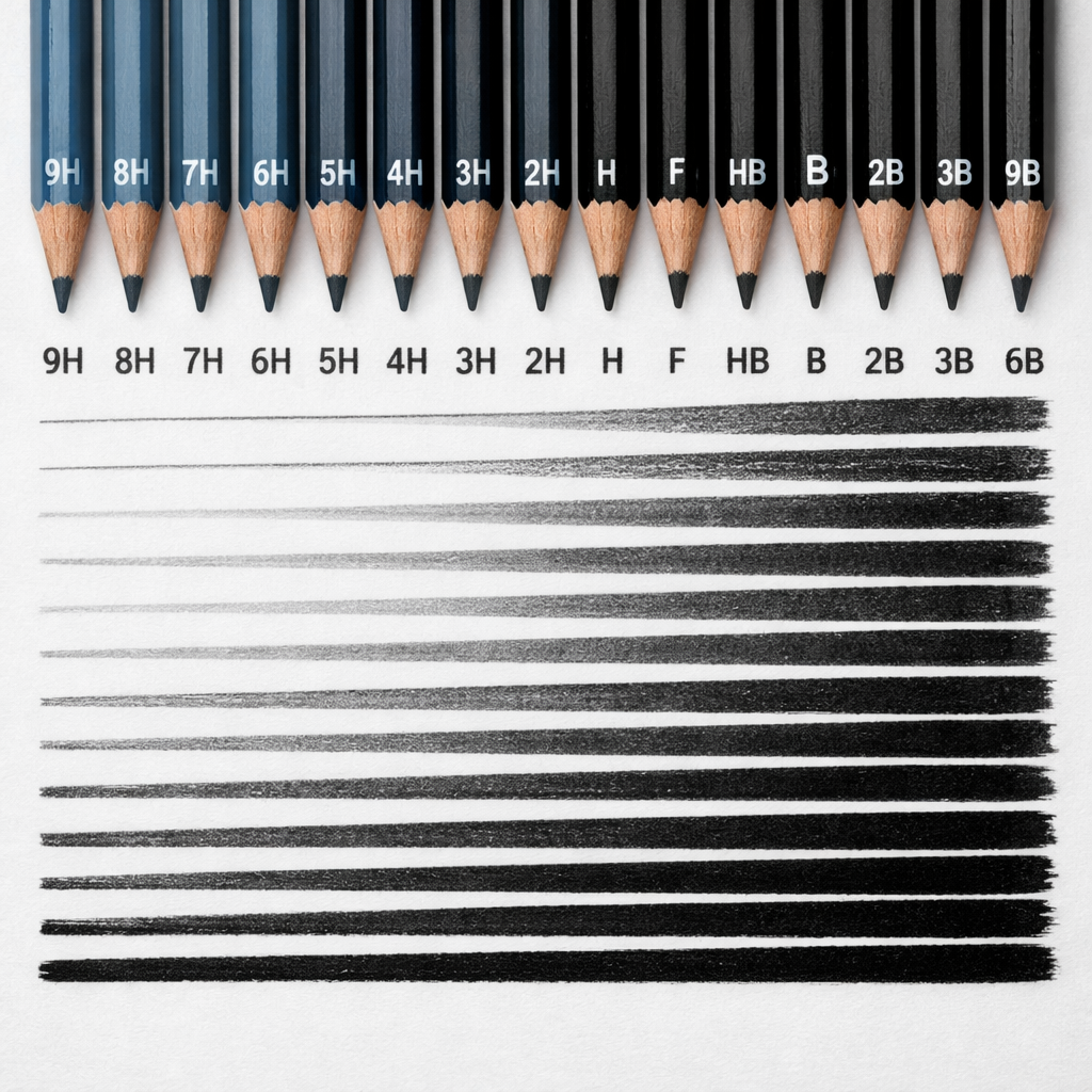 A photorealistic close-up of a row of graphite pencils labeled with grades from 9H to 9B, showing varying darkness of strokes on white paper. Alt: Graphite hardness scale from 9H to 9B showing line darkness differences.