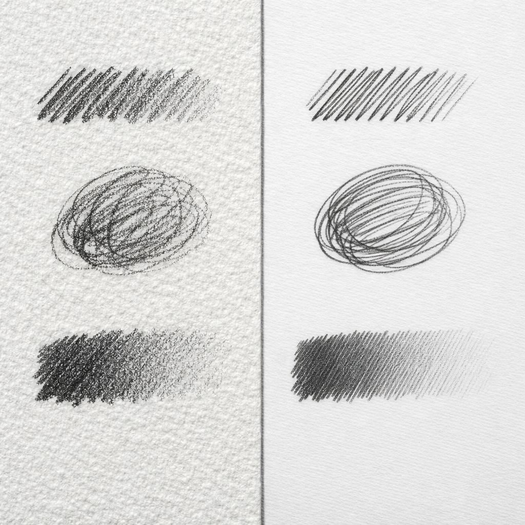 A split view of two paper textures: rough watercolor paper on the left with soft pencil strokes showing grain, and smooth Bristol board on the right with crisp, even pencil lines. Alt: Comparison of pencil strokes on rough vs smooth paper textures.