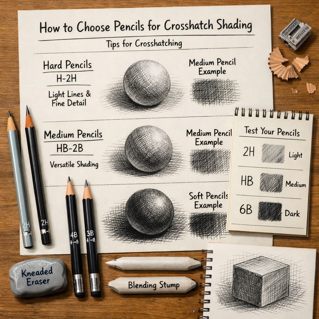 A photorealistic image related to how-to-choose-pencils-for-crosshatch-shading. Alt: how-to-choose-pencils-for-crosshatch-shading