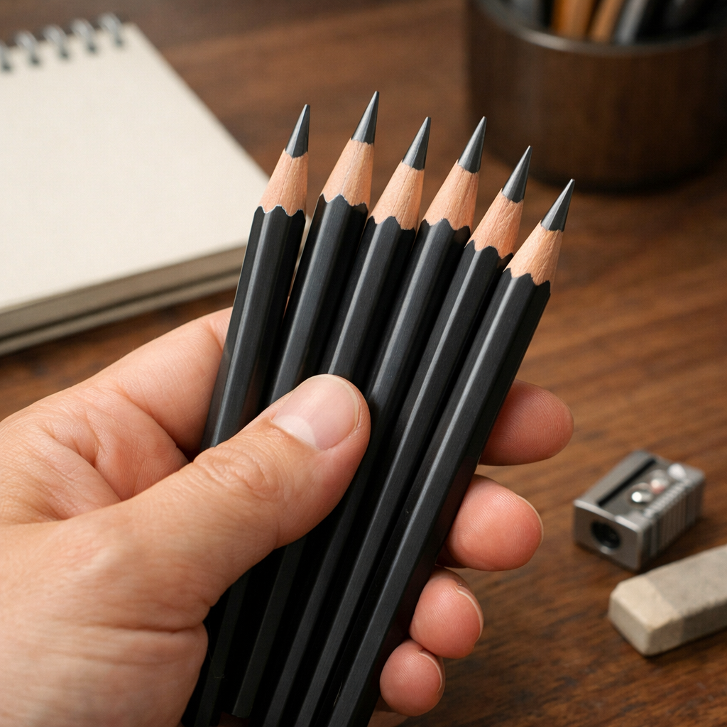 A realistic close‑up of a hand holding a set of graphite pencils beside a wooden desk, with soft lighting highlighting the tips. Alt: clean graphite pencils for crosshatch shading on a desk.