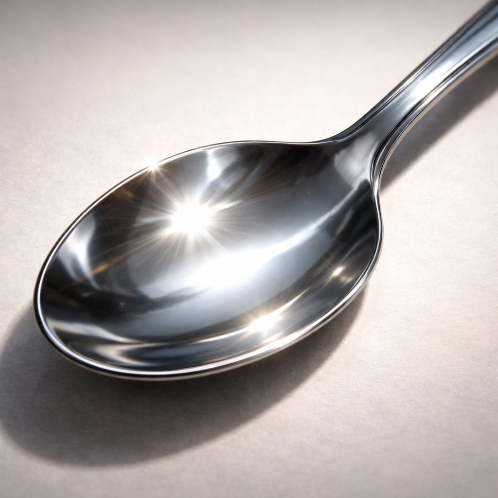 A photorealistic close‑up of a polished metal spoon reflecting a bright light, showing crisp highlights and soft shadows, realistic style, alt: metal surface study for artists