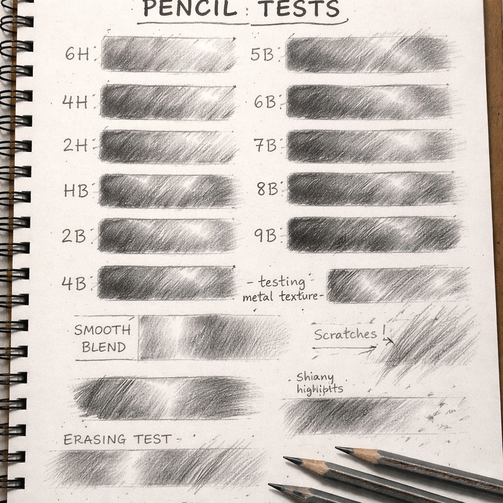 A realistic sketchbook page showing multiple pencil swatches labeled with grades and notes, realistic style, alt: testing metal texture pencils on paper