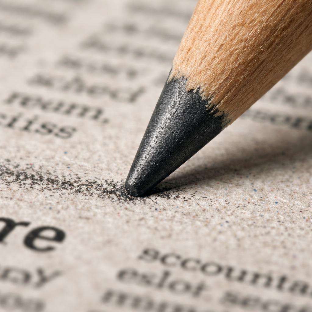 A realistic close‑up of a newsprint sheet showing its rough fibers and a soft pencil tip touching it. Alt: newsprint texture and pencil tip interaction