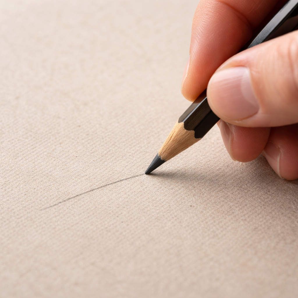 A realistic scene of a hand holding a graphite pencil over a newsprint sheet, showing a faint line and the rough paper texture. Alt: graphite pencil on newsprint test