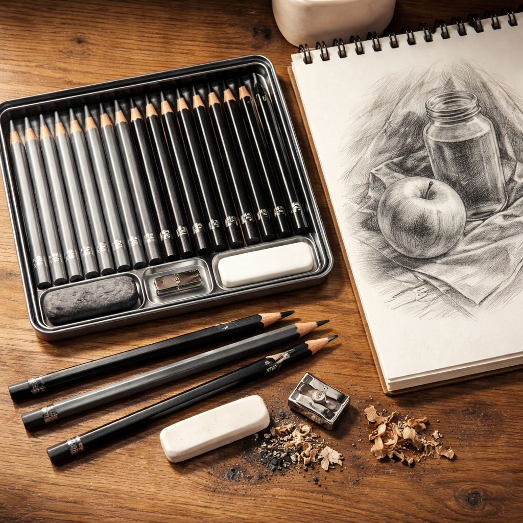 A realistic illustration of a mixed pencil set laid out on a wooden table, showing hard, medium, and soft leads with a sketch pad, Realism style, Alt: pencil set for reflective drawing