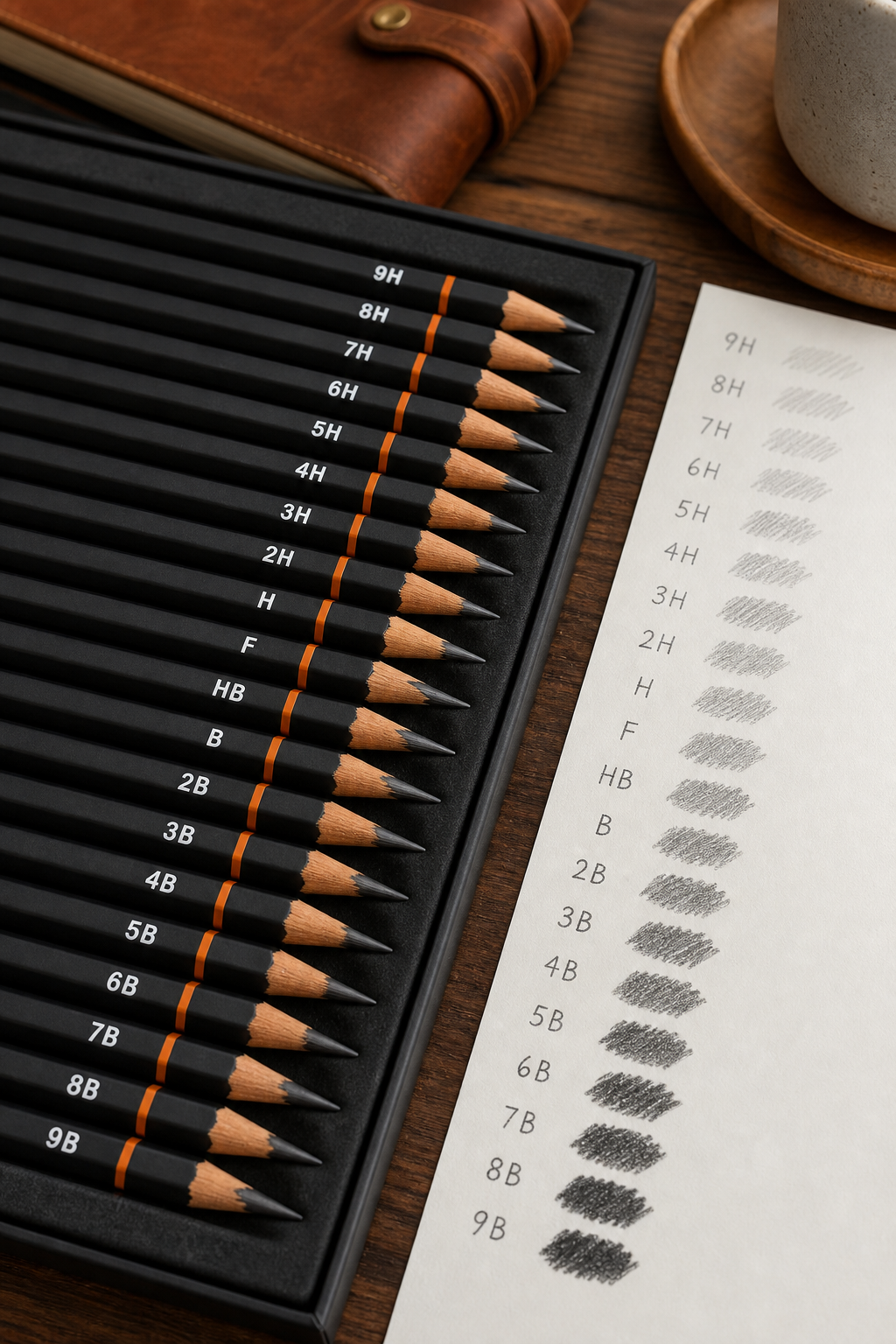 A photorealistic close-up of graphite pencils laid out on a desk, showing the range from 9H to 9B with clear markings on the shafts. Alt: Graphite grade range close-up.