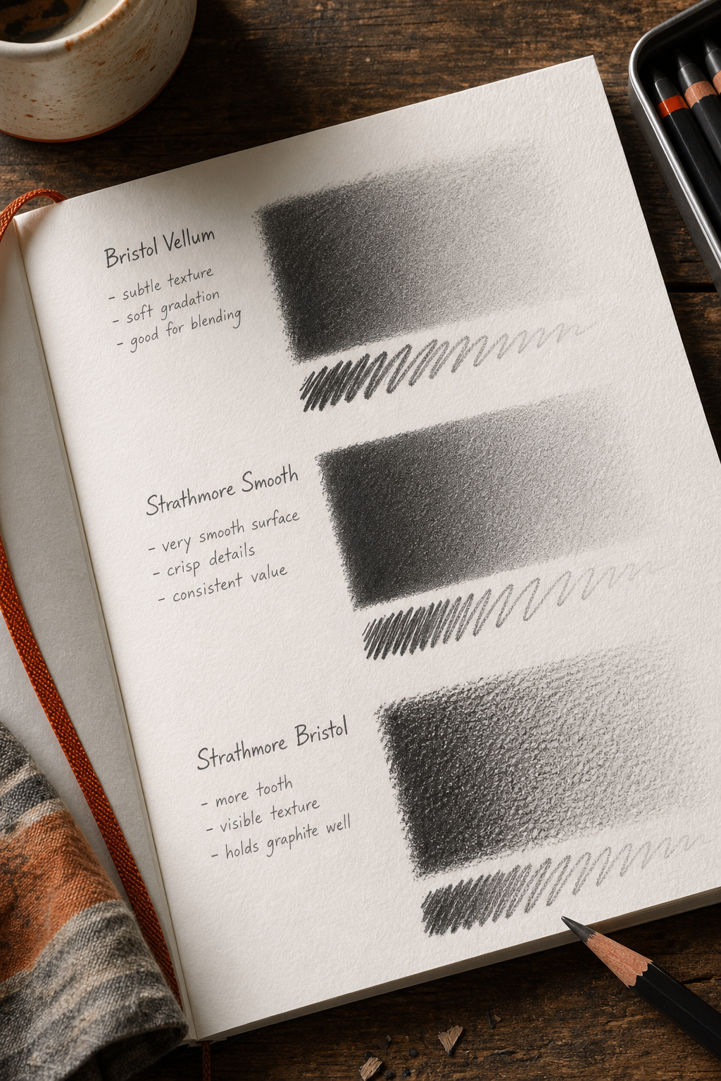 A textured sketchbook page showing how pencil marks sit differently on Bristol Vellum, Strathmore Smooth, and Strathmore Bristol surfaces. Alt: Paper texture comparison for graphite shading.