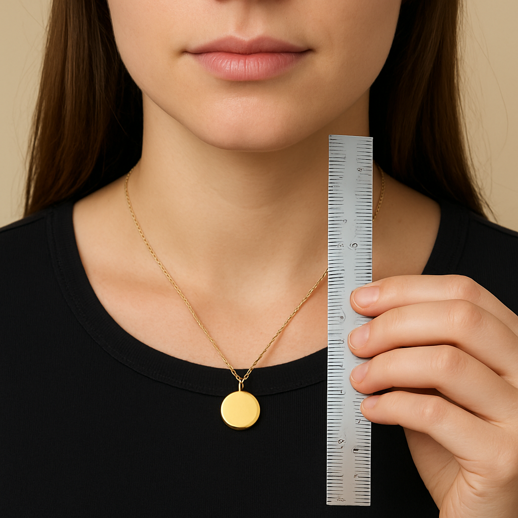 A woman holding a pendant on a 12‑inch chain, measuring the drop with a ruler beside her neck. Alt: how to choose pendant chain length guide