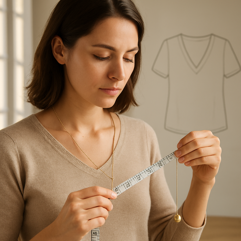 A woman standing in a sunlit studio measuring her neck with a flexible tape, holding a 14-inch pendant chain in her hand, with a subtle illustration of a V‑neck blouse in the background. Alt: measuring pendant chain length for V‑neck outfit.