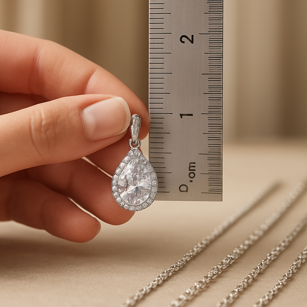 A photorealistic close‑up of a woman’s hand holding a sparkling pendant next to a sleek ruler and a set of chain samples of varying thicknesses, soft natural lighting, elegant background, showcasing the process of measuring pendant size for selecting chain thickness. Alt: How to choose pendant chain thickness – measuring pendant size.