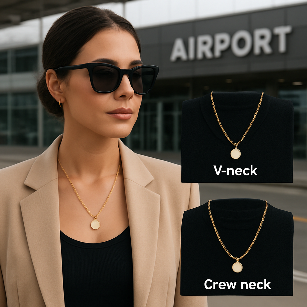 A photorealistic image of a stylish woman wearing a pendant with a matching chain, standing in front of an airport terminal, showcasing how different necklines affect chain length and thickness. Alt: How to choose pendant chain thickness by matching style and neckline.