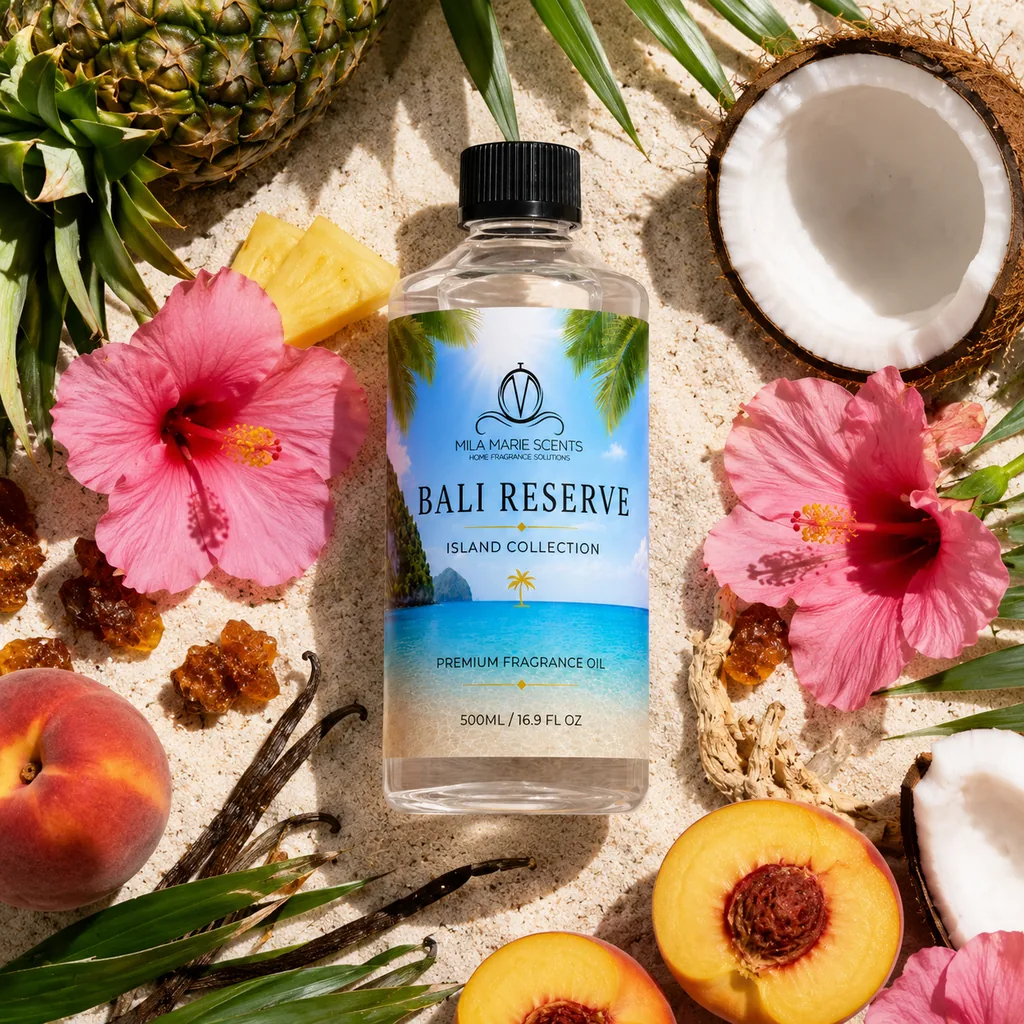 Bali Reserve: visual reference for 4. Bali Reserve | Piña Colada & Hibiscus · Tropical Coconut · Sandalwood & Vanilla Bean