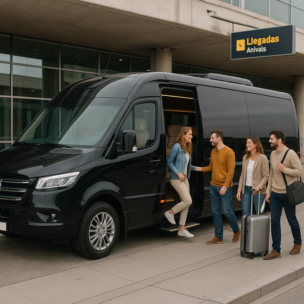 A luxury private minibus parked at Madrid airport arrival zone, ready for group boarding. Alt: Private minibus hire Madrid airport to hotel with luxury vehicle and happy travelers boarding.