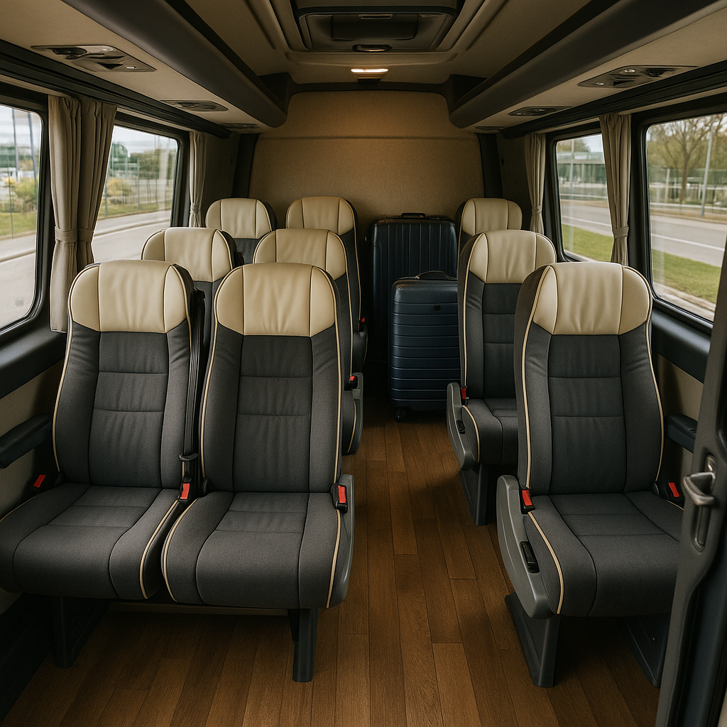 Cozy interior of a private minibus used for transfers from Madrid airport to hotels, showing comfortable seating and ample luggage space. Alt: Interior of private minibus hire Madrid airport to hotel, highlighting comfort and luggage capacity.