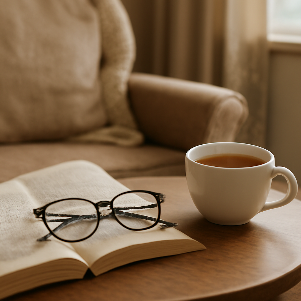 A cozy reading nook with a cup of tea, a paperback, and a pair of stylish reading glasses on a wooden table. Alt: Assessing vision needs with reading glasses in a comfortable home setting.