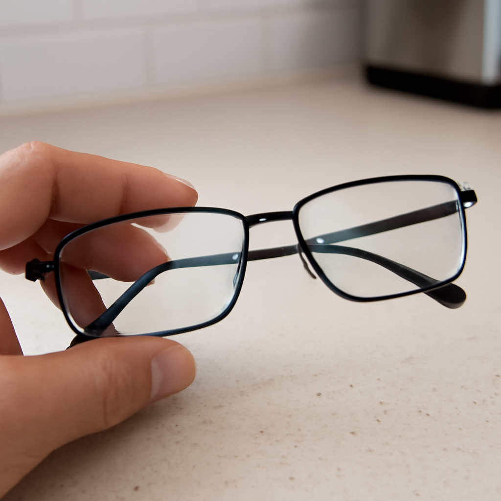 A close‑up of a hand holding a pair of reading glasses on a kitchen counter, showing the thin high‑index lenses with a subtle anti‑reflective sheen. Alt: High‑index reading glasses with anti‑reflective coating on a bright kitchen surface.