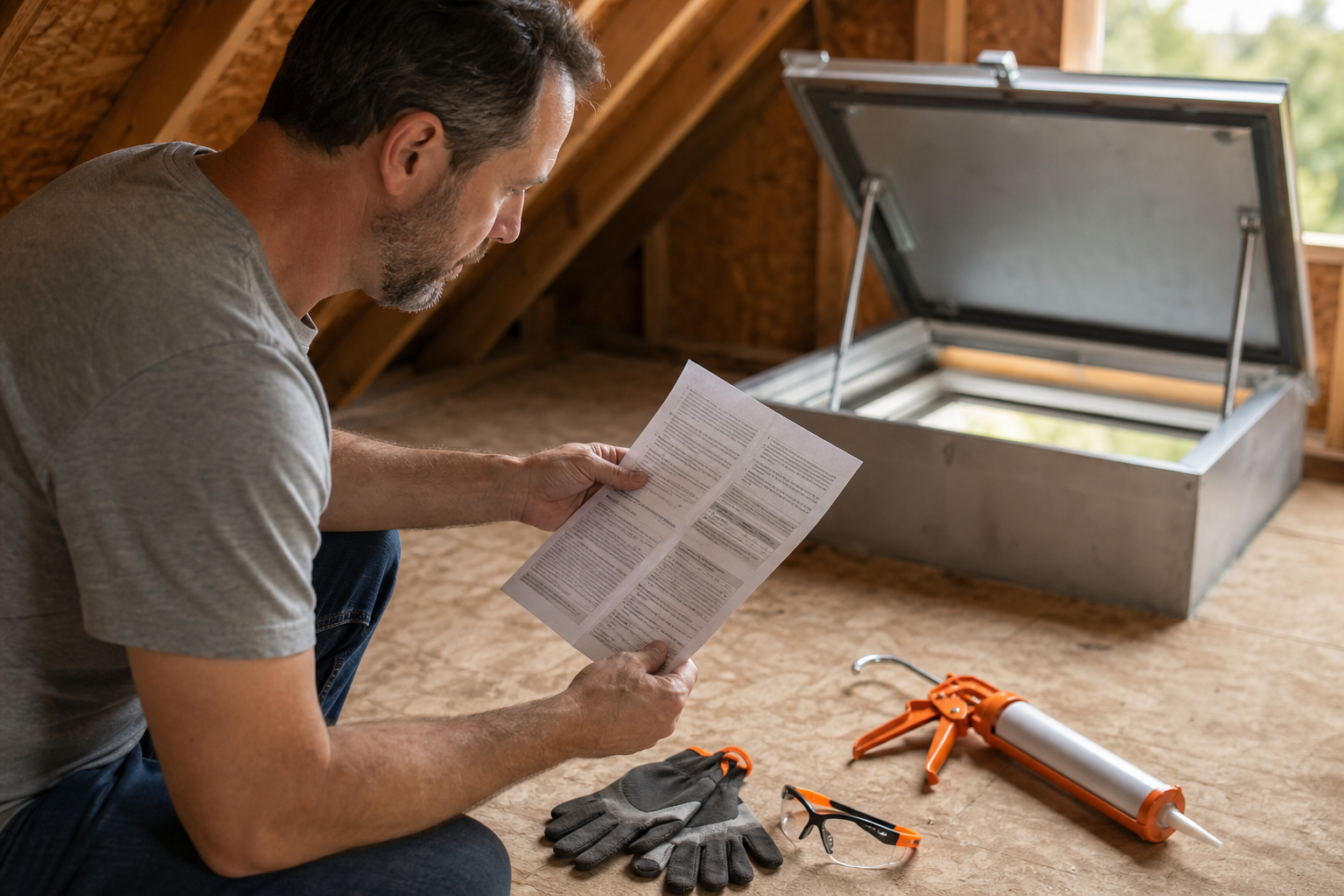 checking roof sealant label, warranty, and safety instructions