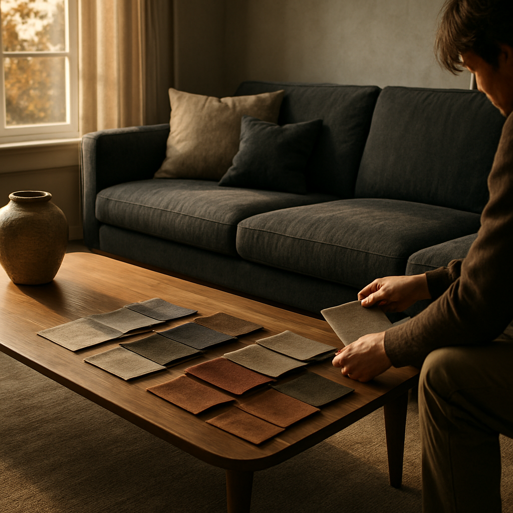 A Cinematic, photorealistic living room scene showing a person comparing fabric swatches on a coffee table with a charcoal sofa and a neutral rug, warm natural light streaming through a large window, rich textures. Alt: Cinematic living room rug color palette study with dominant sofa color.