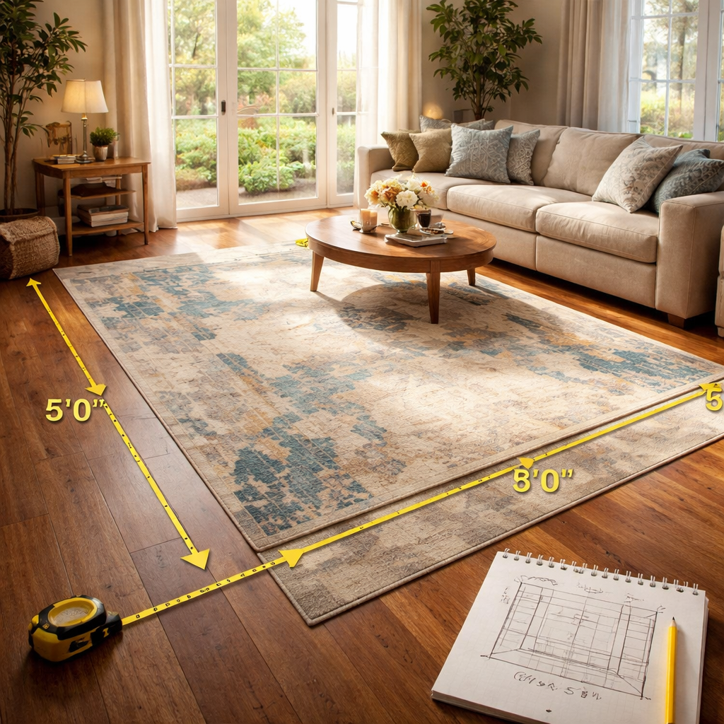 A cinematic, photorealistic scene of a bright, stylish living room with a designer rug laid out on a wooden floor, tape markings showing the measured rug dimensions, sunlight streaming through large windows, a comfortable sofa set, and a notepad with measurements beside the rug. Alt: Measuring rug size for living room with tape and notepad, cinematic style.