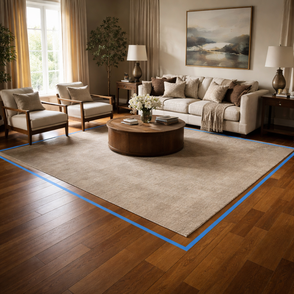 A Cinematic, photorealistic living room shows a large rectangular rug anchoring a sofa and two chairs, with painter’s tape outlining the footprint on the warm wooden floor. Soft natural light highlights textures of wool and linen, and the space feels luxurious yet livable. Alt: Living room rug footprint test in a Harvey Bruce Interiors setting.