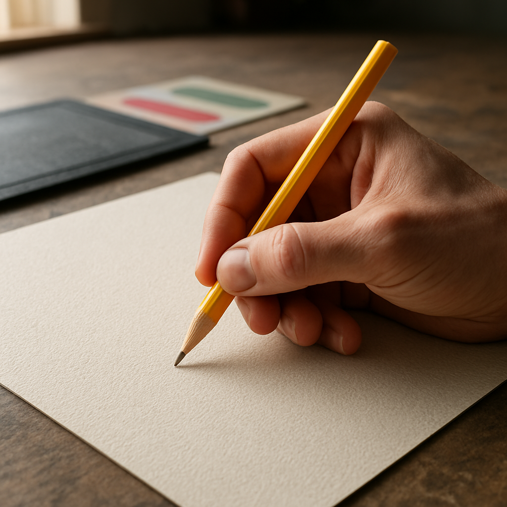 A photorealistic close-up of a hand gripping a colored pencil as it presses into a sheet of sanded paper on a sturdy work surface; natural light from a window illuminates the toothy texture; an art mat and a few color swatches are visible in the background. Alt: Sanded paper texture with colored pencils in a studio setting, Realism style, India audience.
