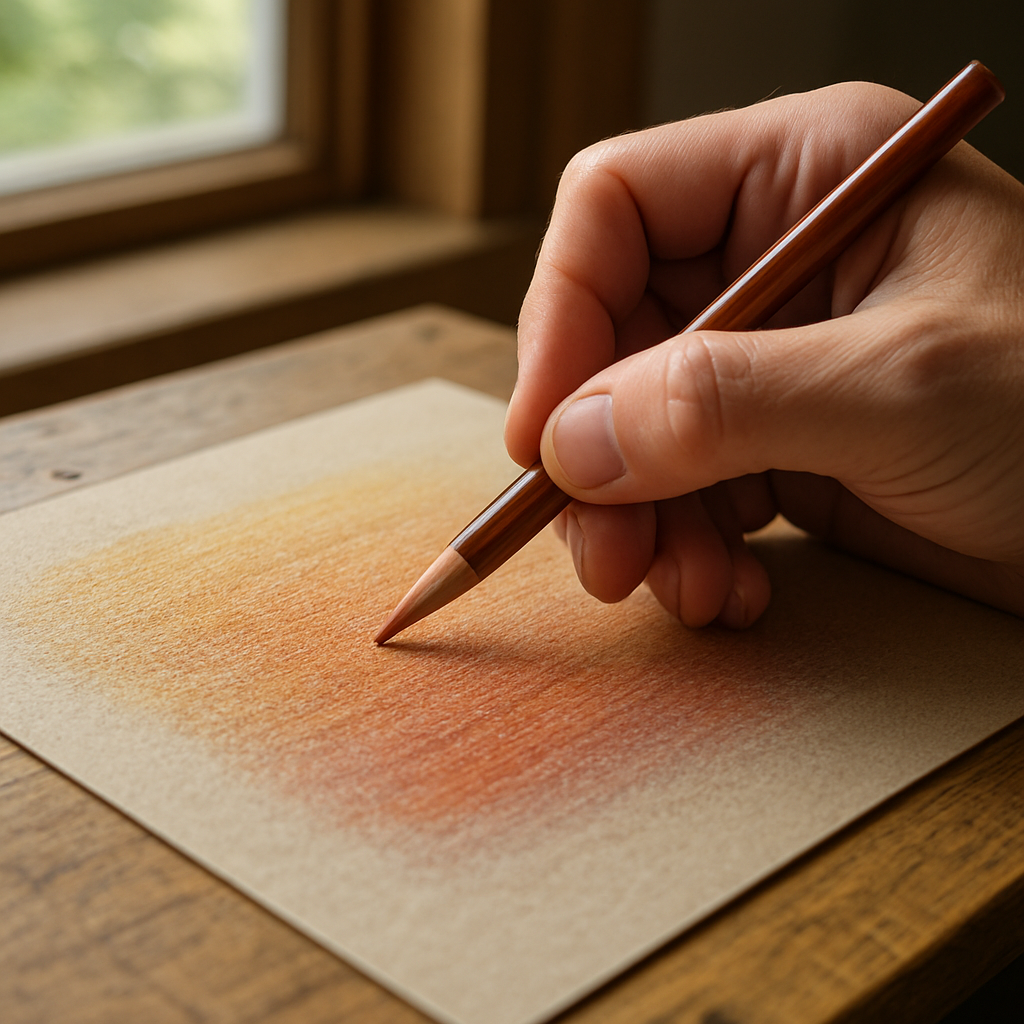 A photorealistic close‑up of an artist’s hand holding a colored pencil, gently pressing pigment into a sheet of sanded paper on a wooden drafting table; natural daylight streams through a window, revealing the toothy texture and subtle colour layers. Alt: Applying sanded paper for colored pencils technique with realistic lighting.