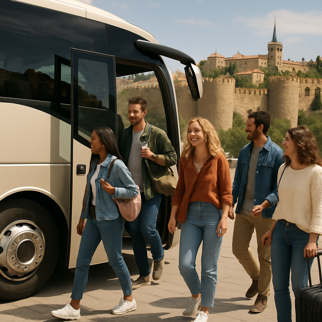 A lively group boarding a luxury bus for a day trip from Madrid to Toledo, with scenic medieval city walls in the background. Alt: Bus rental Madrid day trips to Toledo with comfortable group transport.