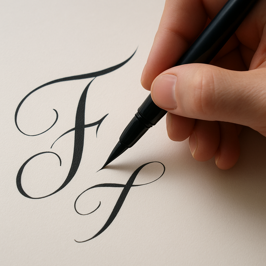 A close‑up of a hand holding a brush pen, creating elegant strokes on smooth paper. Alt: Calligraphy skill assessment with brush pen and paper.