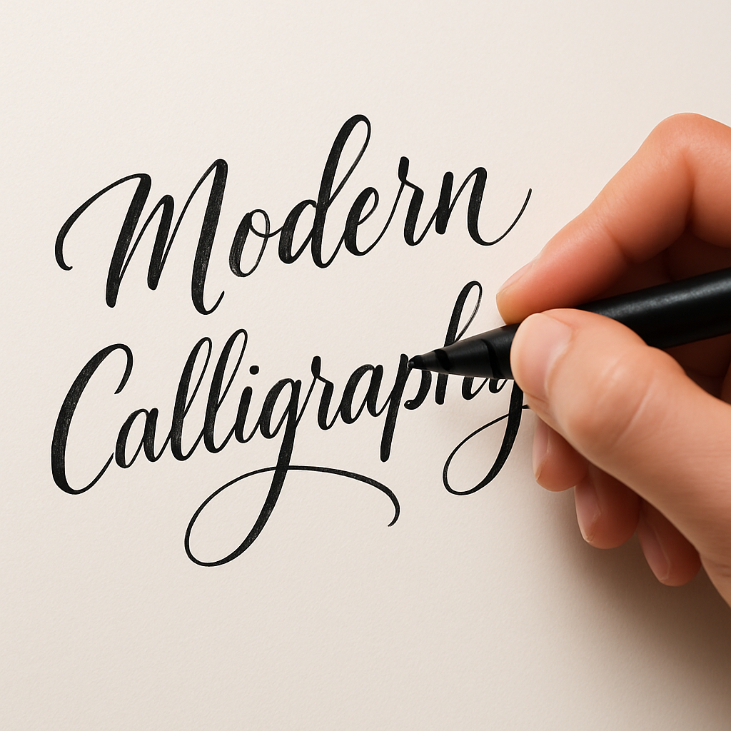 A close‑up of a hand holding a brush pen demonstrating modern calligraphy strokes on smooth paper. Alt: Choose the right calligraphy style illustration.
