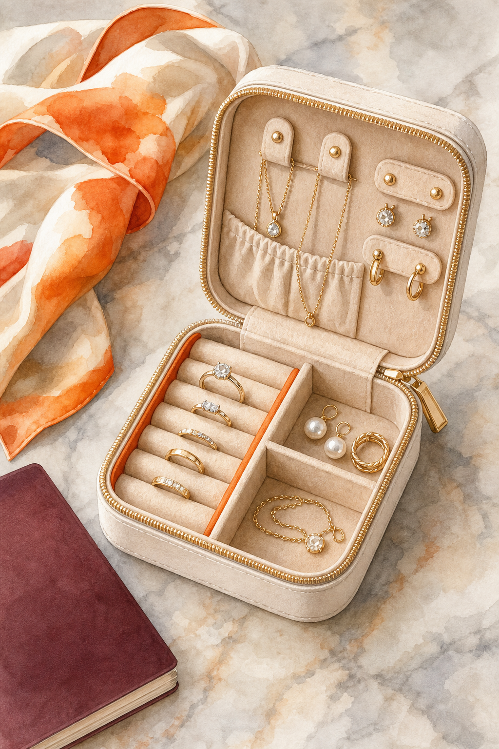 A watercolor illustration of a small, elegant travel jewelry case opened to reveal neatly arranged rings, earrings, and a necklace, with a travel passport and a silk scarf nearby. Alt: Diamond Veneer travel jewelry organizer open with jewelry inside.
