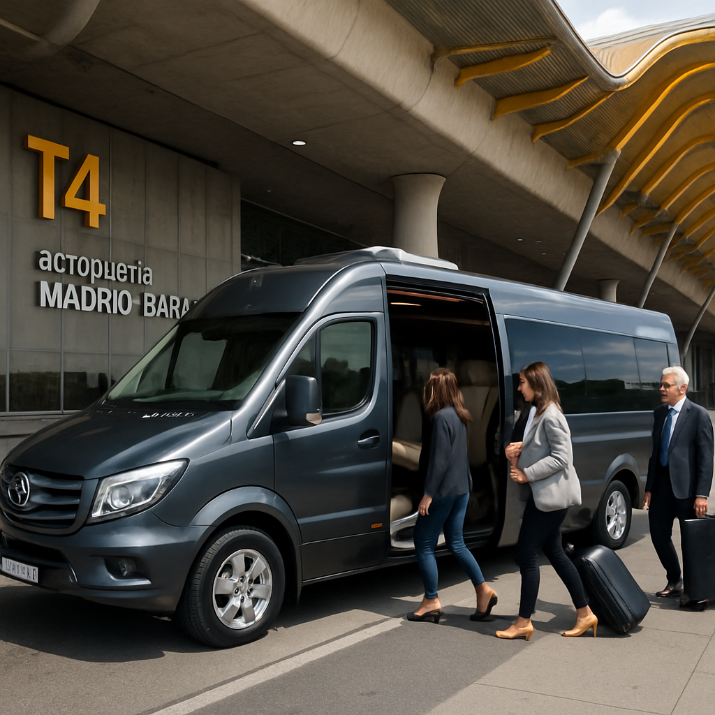 A sleek executive minibus parked outside Madrid Barajas airport with passengers boarding comfortably. Alt: Executive minibus hire Madrid airport transfer showing spacious and luxury group transport options.