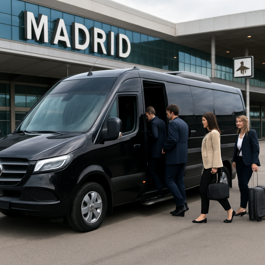 A sleek executive minibus parked at Madrid airport with passengers boarding smoothly. Alt: Executive minibus hire Madrid airport transfer showing comfortable boarding experience.