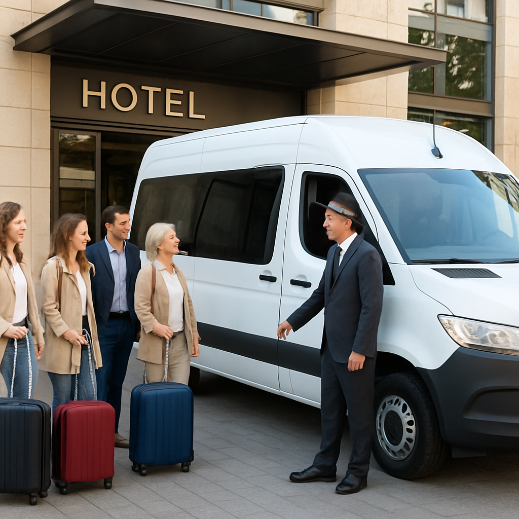 A bright, modern minibus parked at a Madrid hotel entrance, driver opening the door for a group of smiling guests holding luggage. Alt: minibus hire with driver ready for a corporate event in Madrid