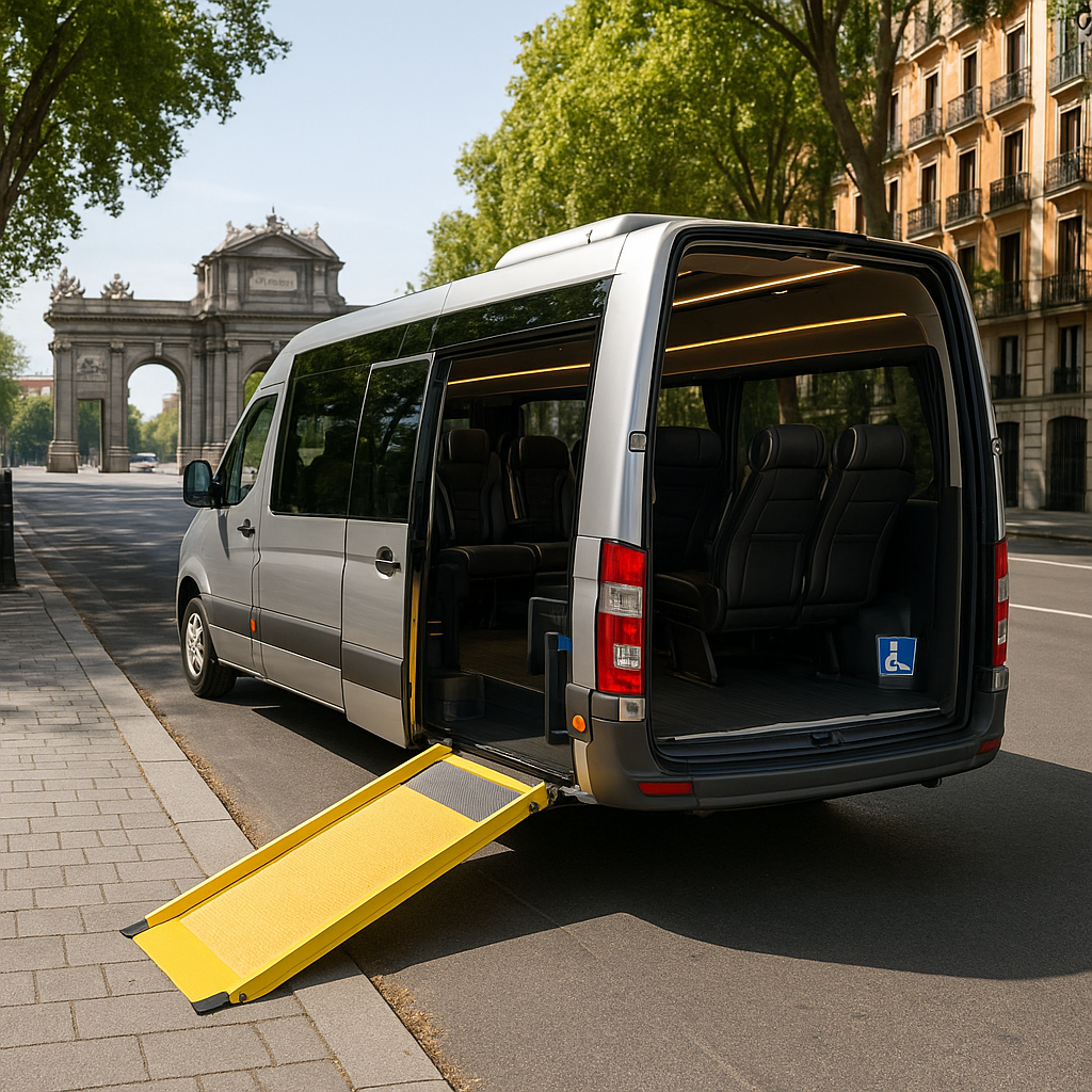 A modern PMR minibus parked in a scenic Madrid street, showing accessible ramps and spacious interiors. Alt: PMR minibus rental Madrid with wheelchair accessibility and luxury interiors.