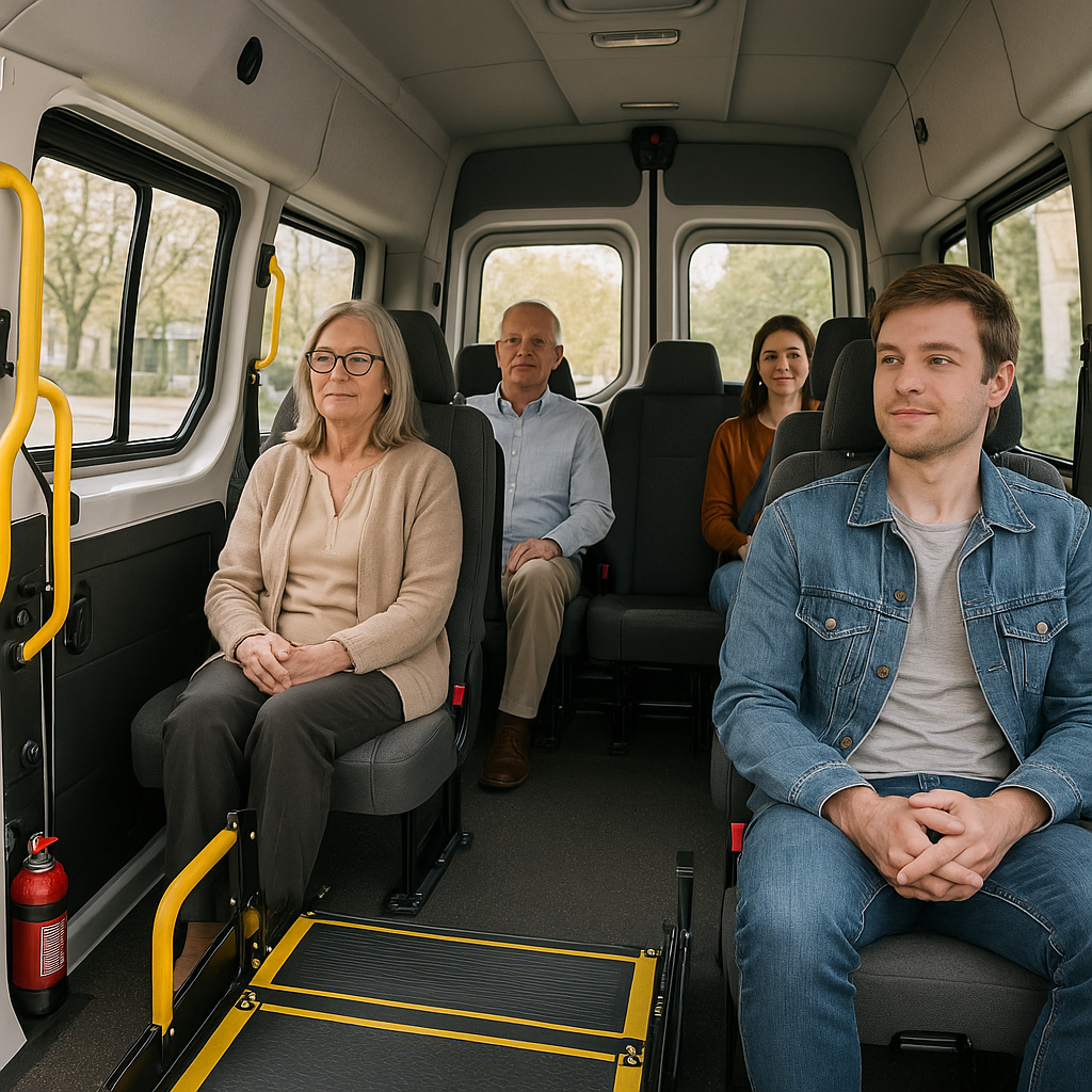 Inside view of a ramp-equipped PMR minibus with passengers comfortably seated. Alt: Interior of PMR minibus rental Madrid showing accessibility features and passenger comfort.