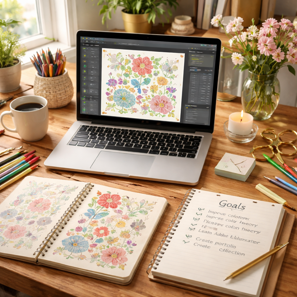 A photorealistic scene of a home workspace with a laptop displaying a vector pattern editor, a sketchbook with hand‑drawn motifs, a coffee mug, and a notebook open to a goal‑setting checklist. Alt: Surface pattern design course online – skill assessment and goal setting workspace.