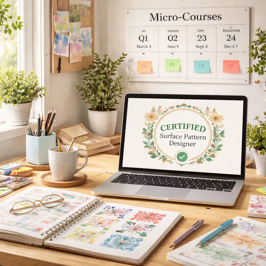 A photorealistic scene of a bright home office, laptop open to a certification badge, sketchbook with pattern repeats, coffee mug, and a wall‑mounted calendar marked with quarterly micro‑course dates. Alt: Surface pattern design course online – certification and continuing education workflow.