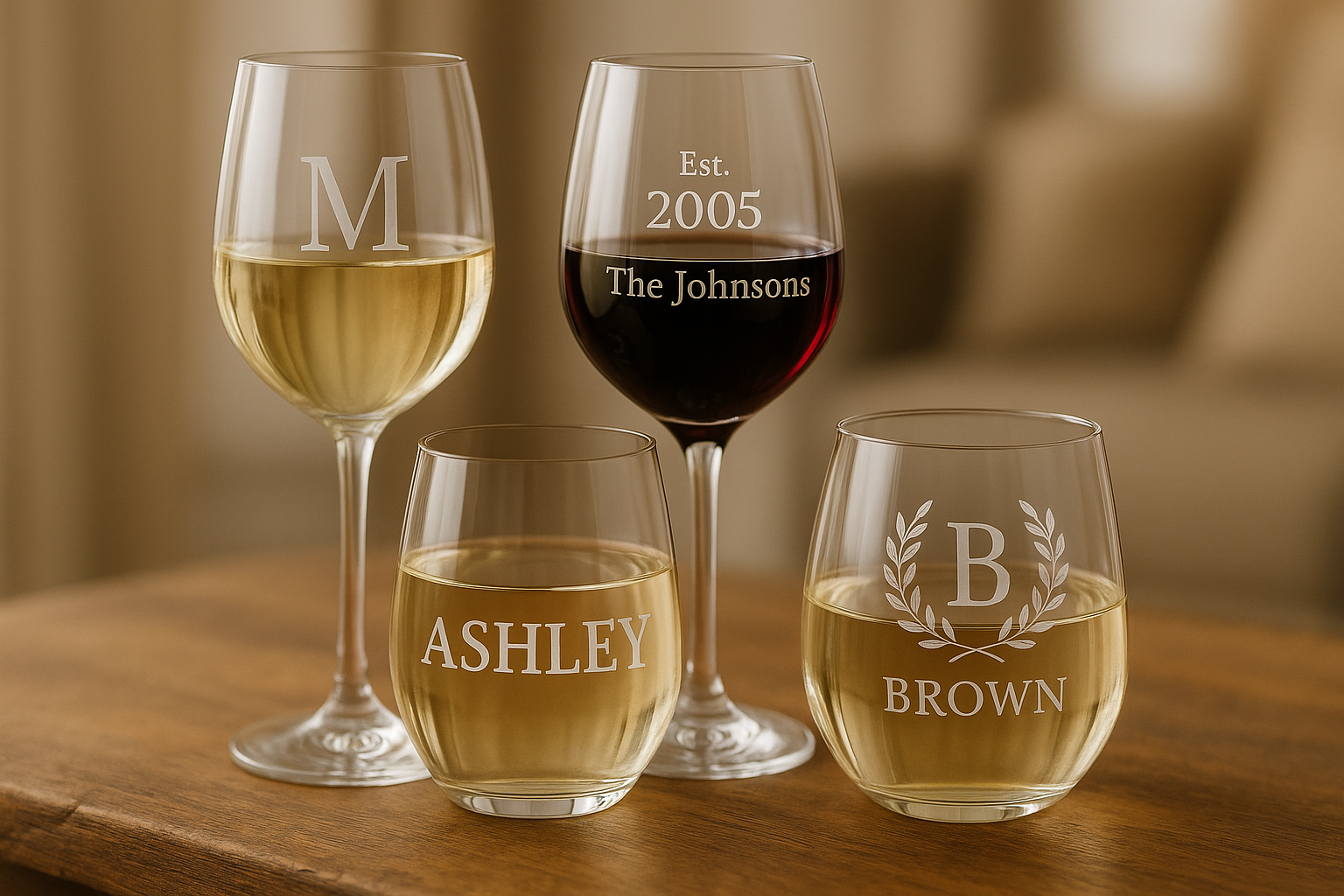 Various types of personalized wine glasses arranged on a wooden table. Alt: Personalized wine glass gift types showcasing stemmed and stemless designs in crystal quality.