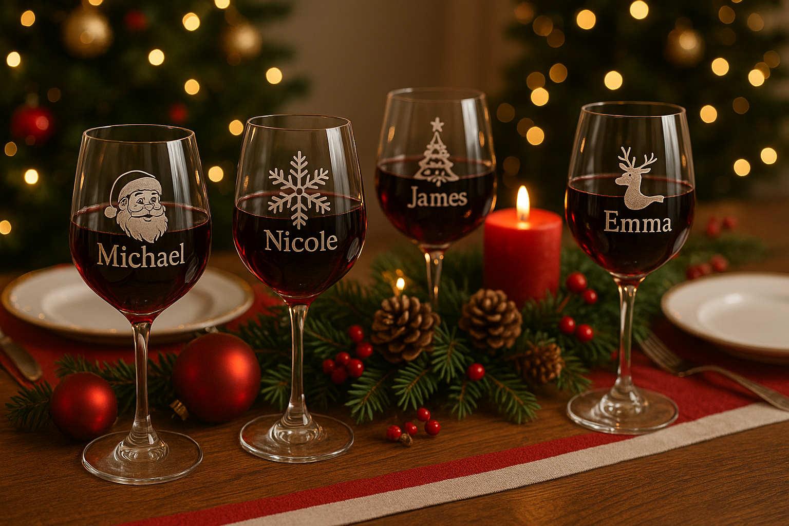 A festive table setting featuring personalized wine glasses with holiday-themed engravings. Alt: Personalized wine glass gift used as a holiday decoration and keepsake.
