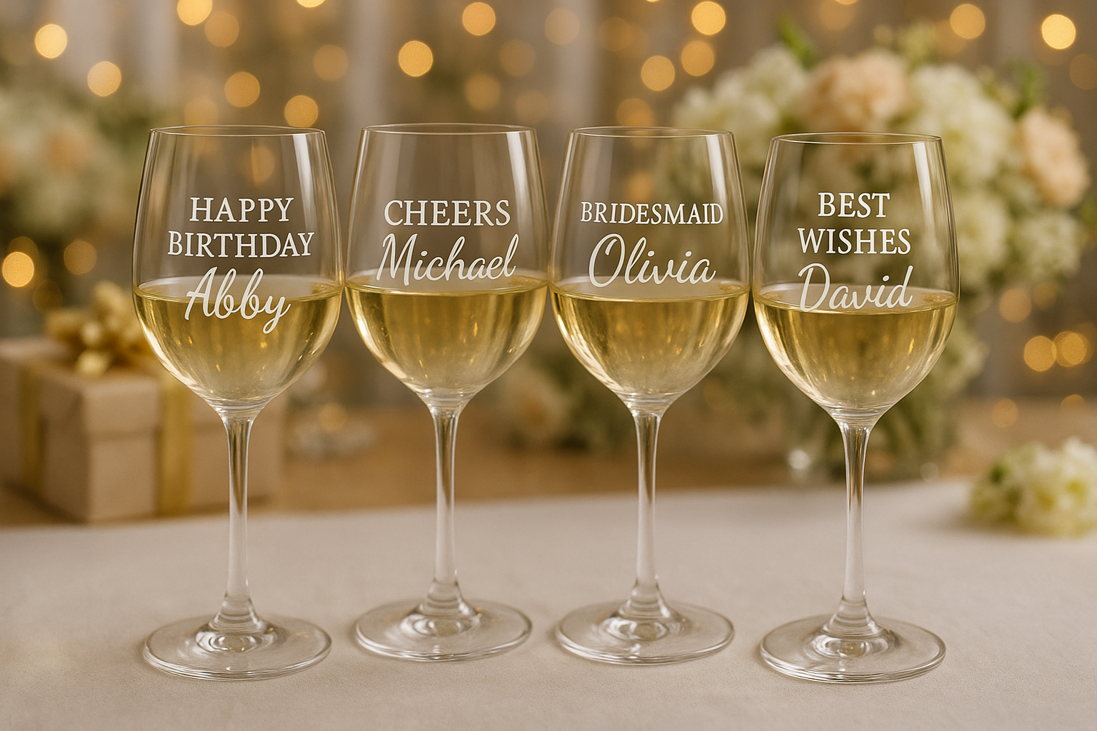 A collection of personalized wine glasses showcased at a celebratory event. Alt: Personalized wine glass gift collection for special occasions.