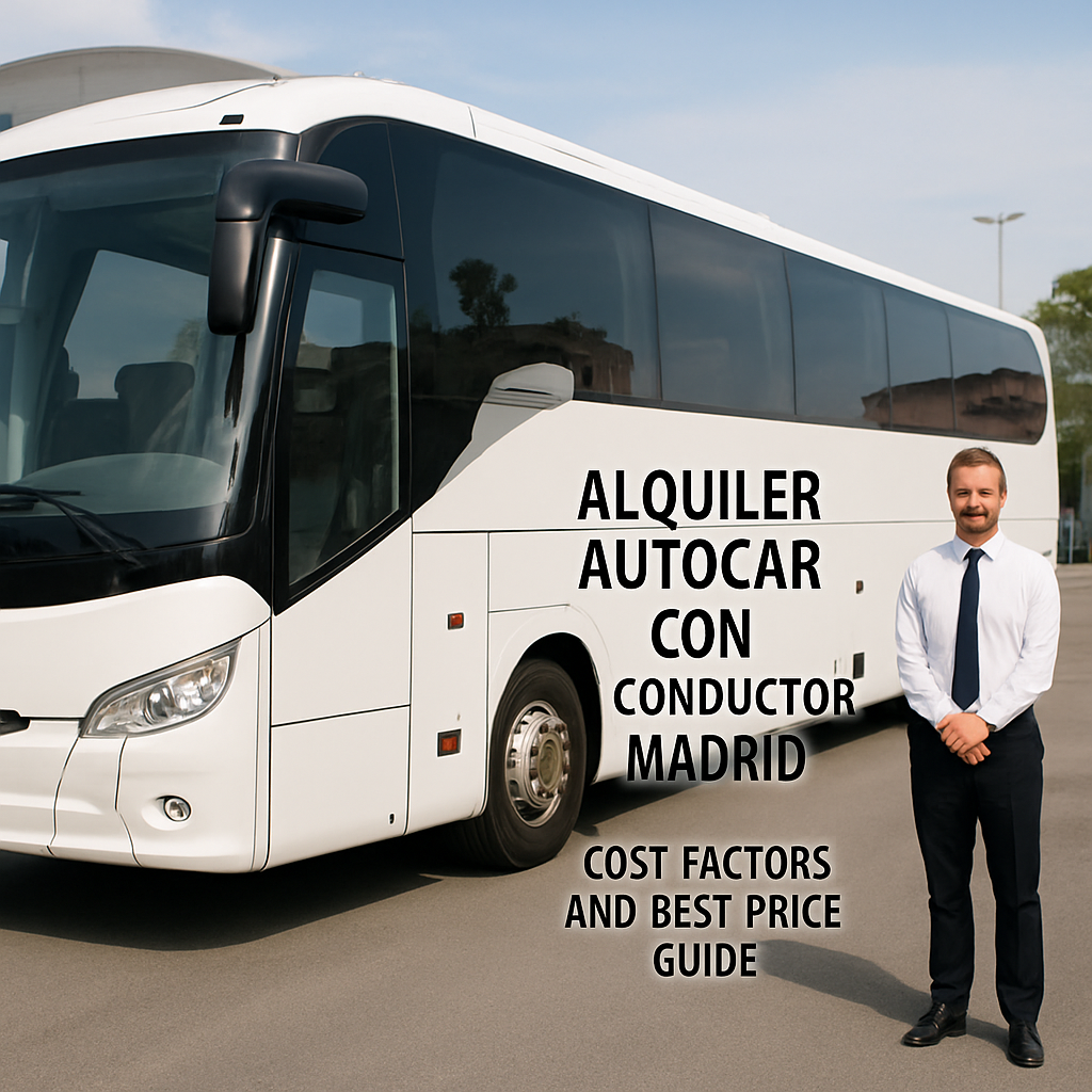 A modern coach with a friendly driver standing beside it, ready for a group boarding in Madrid. Alt: alquiler autocar con conductor Madrid cost factors and best price guide image.