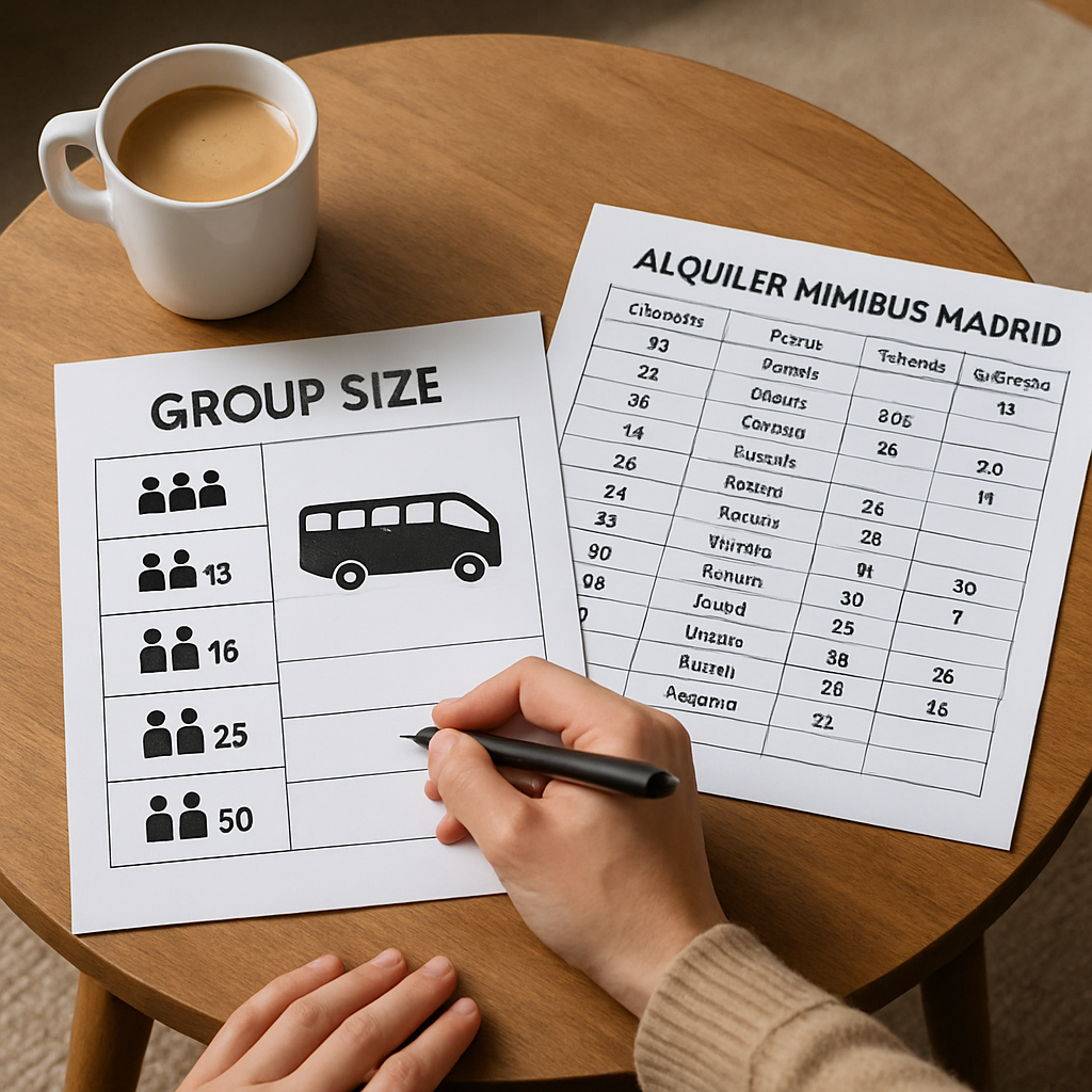 A friendly planner mapping out group sizes and vehicle options on a coffee table, showing a minibús silhouette and a spreadsheet. Alt: alquiler minibús Madrid planning illustration.