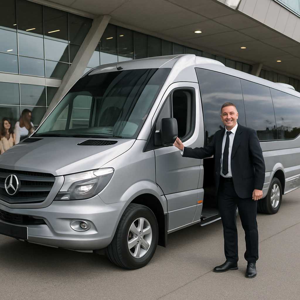 A sleek, modern minibús parked at an airport terminal with passengers loading luggage and a smiling driver opening the door. Alt: alquiler minibús Madrid airport transfer vehicle ready for guests.