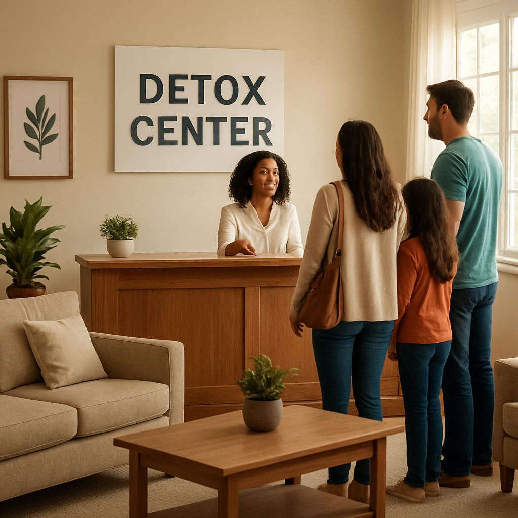 A warm, well‑lit detox center lobby with comfortable seating, a friendly receptionist greeting a family, and soft natural light streaming through windows. Alt: detox center near me welcoming family environment.